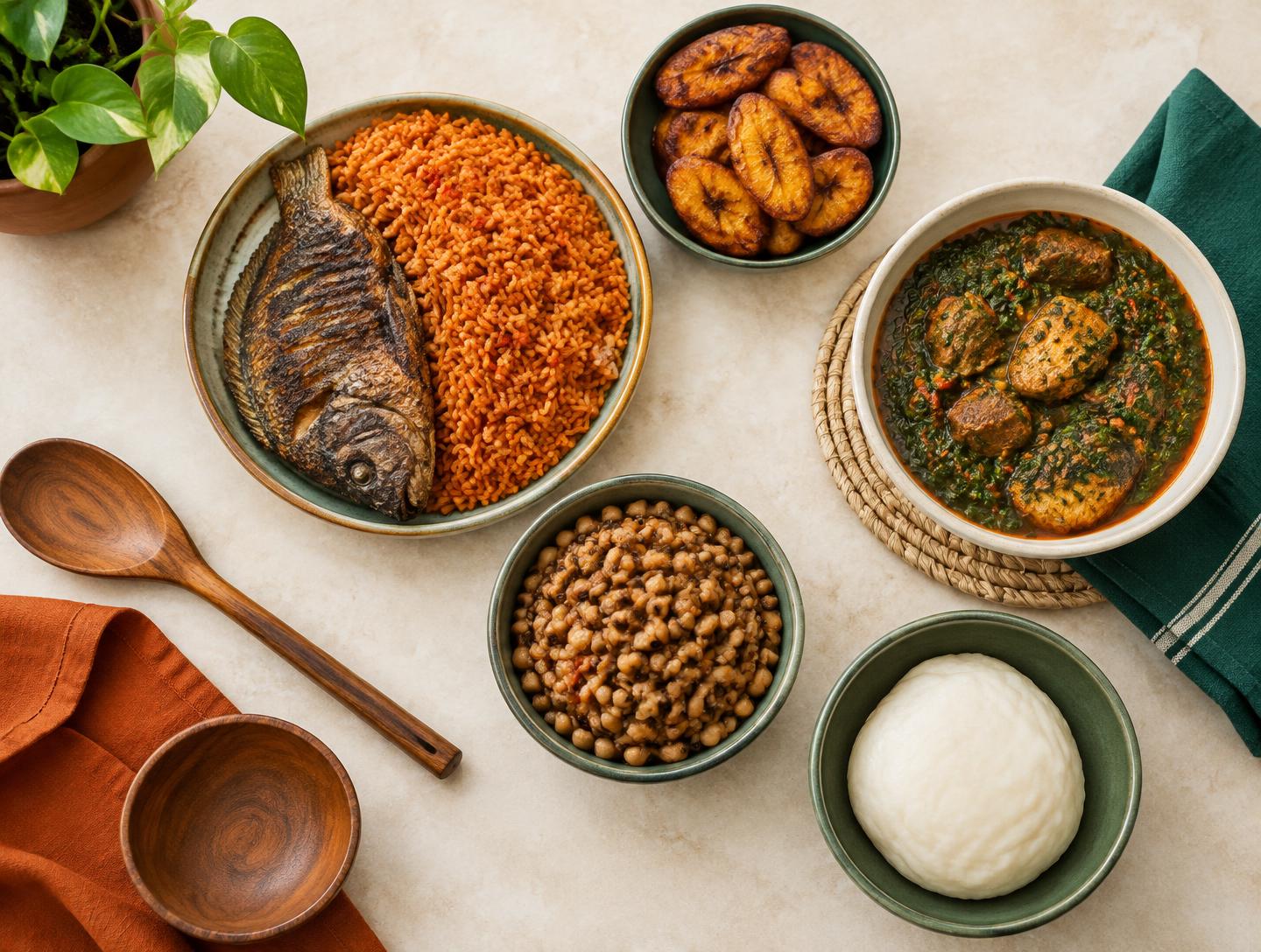 Jollof rice, grilled fish, beans, plantain, soup, and a swallow served on a table